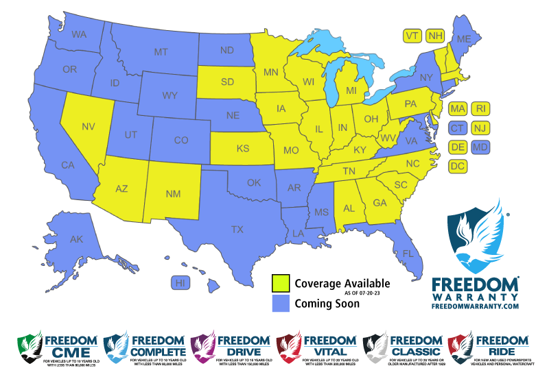 Map showing in what states Freedom Warranty provides coverage.